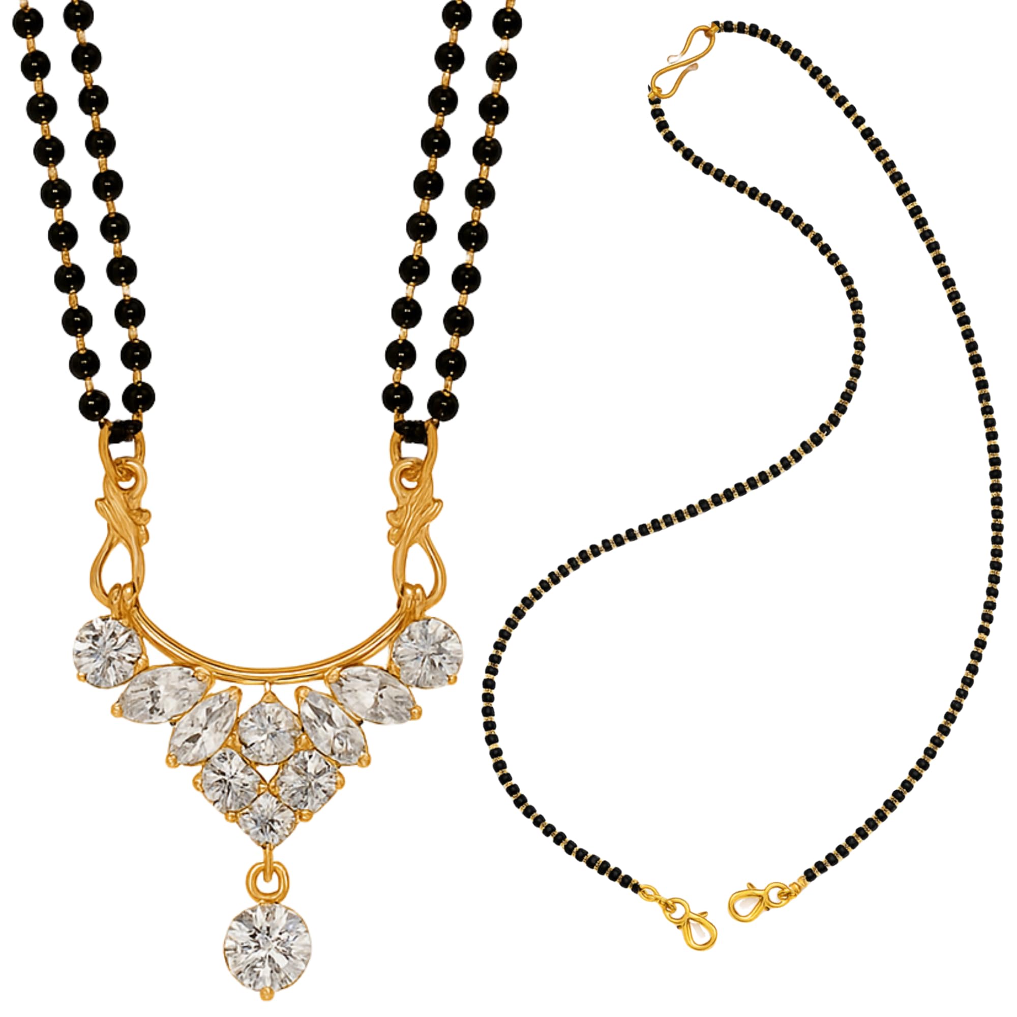 American Diamond Gold Plated Mangalsutra for Women – 24 Inch Double Black Bead Chain with S-Hook Clasp | Stylish Multi Stone Pendant-image-49