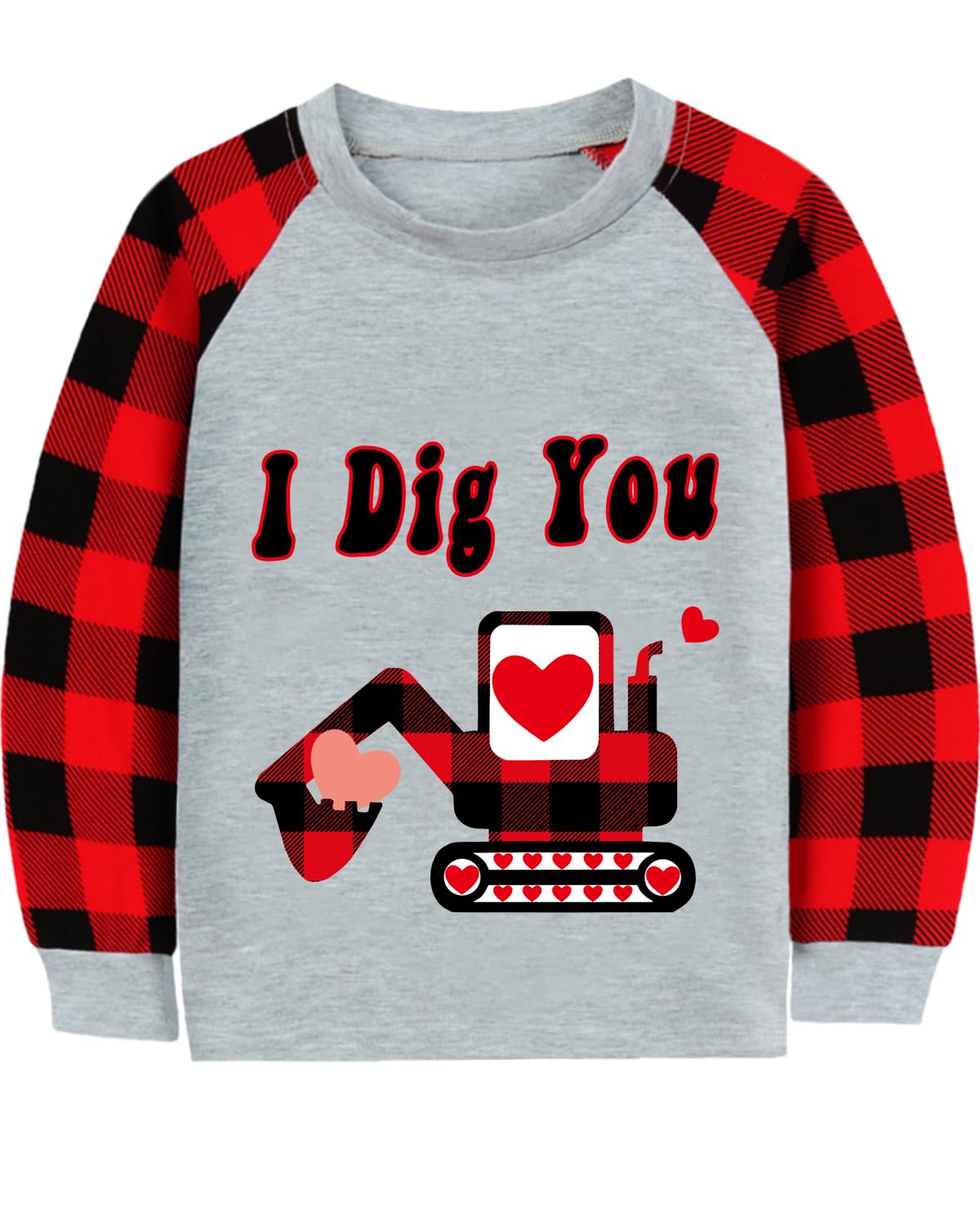CM-Kid Toddler Boys Valentine Shirt Monster Truck Dino Train Heart Tshirt Red Plaid Long Sleeve Tops for Kids 2-7 Years
