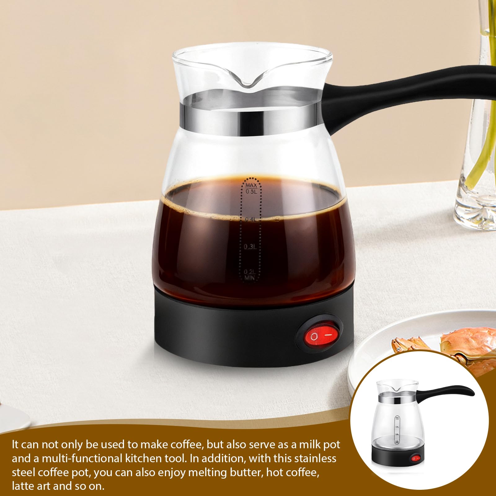 Elektrische Türkische Kaffeekanne 500 ml, Türkischer Kaffeekocher 500 W, Elektrische Kaffeemaschine mit Griff, Waschbare Mokkakanne für Türkischen Kaffee, Espresso & Tee, Für Zuhause, Büro & Camping