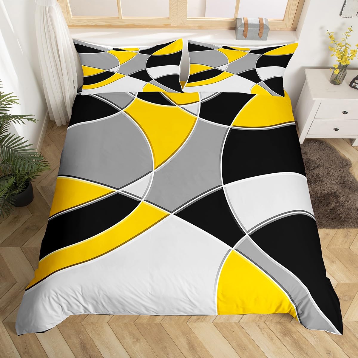 Retro Circle Duvet Cover Yellow Grey Black Comforter Cover Circle Geometric Bedding Set for Kids Abstract Geometric Bedspread Cover Abstract Art Microfiber Bedclothes Zipper Super King