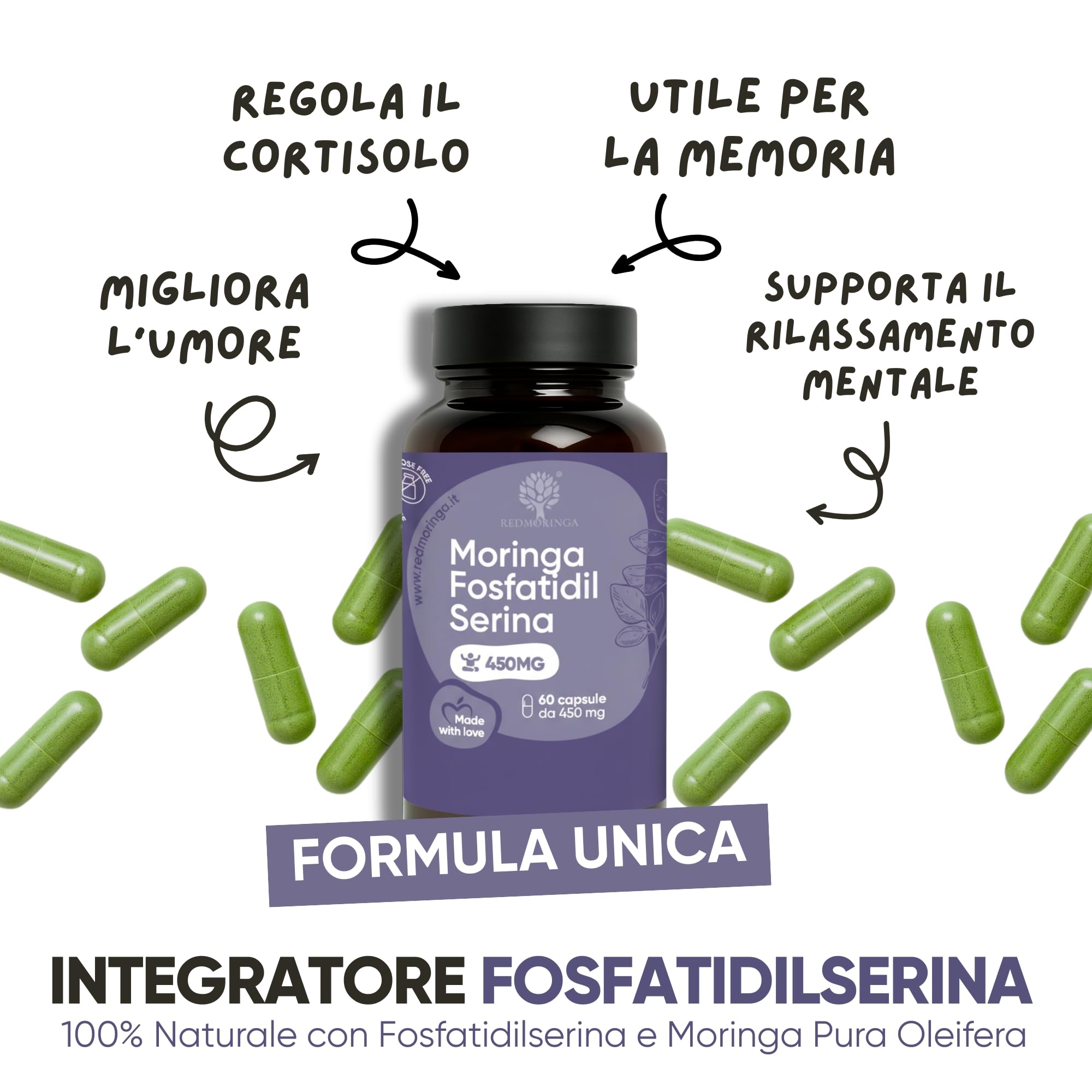 Fosfatidilserina 450mg potenziata con Moringa | Abbassa CORTISOLO, Utile per Stress, Metabolismo, Memoria e Concentrazione | Integratore Alimentare | 180 Capsule Naturali Made in Italy | RedMoringa