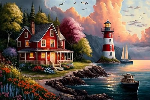 RMSGOZO Lakeside Lighthouse & Cottage - Kit de arte de diamantes con vista al atardecer para adultos, kit de punto de cruz de cristal redondo