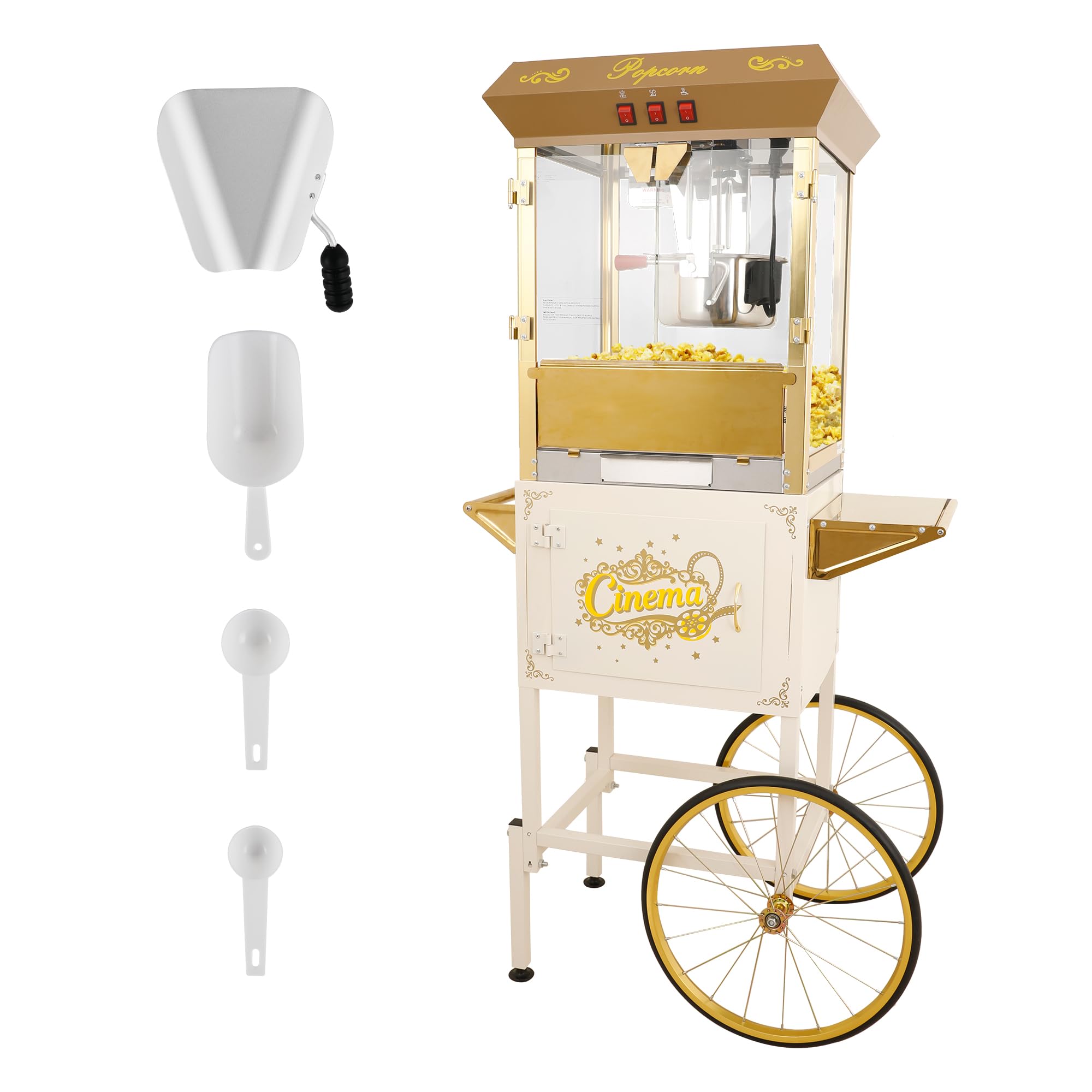 Montary 16 Oz Commercial Popcorn Machine with Cart,Vintage Style Popcorn maker Equipped with Popcorn Scoops,Heated Deck &amp; Storage for Home Movie House and Carnival,White