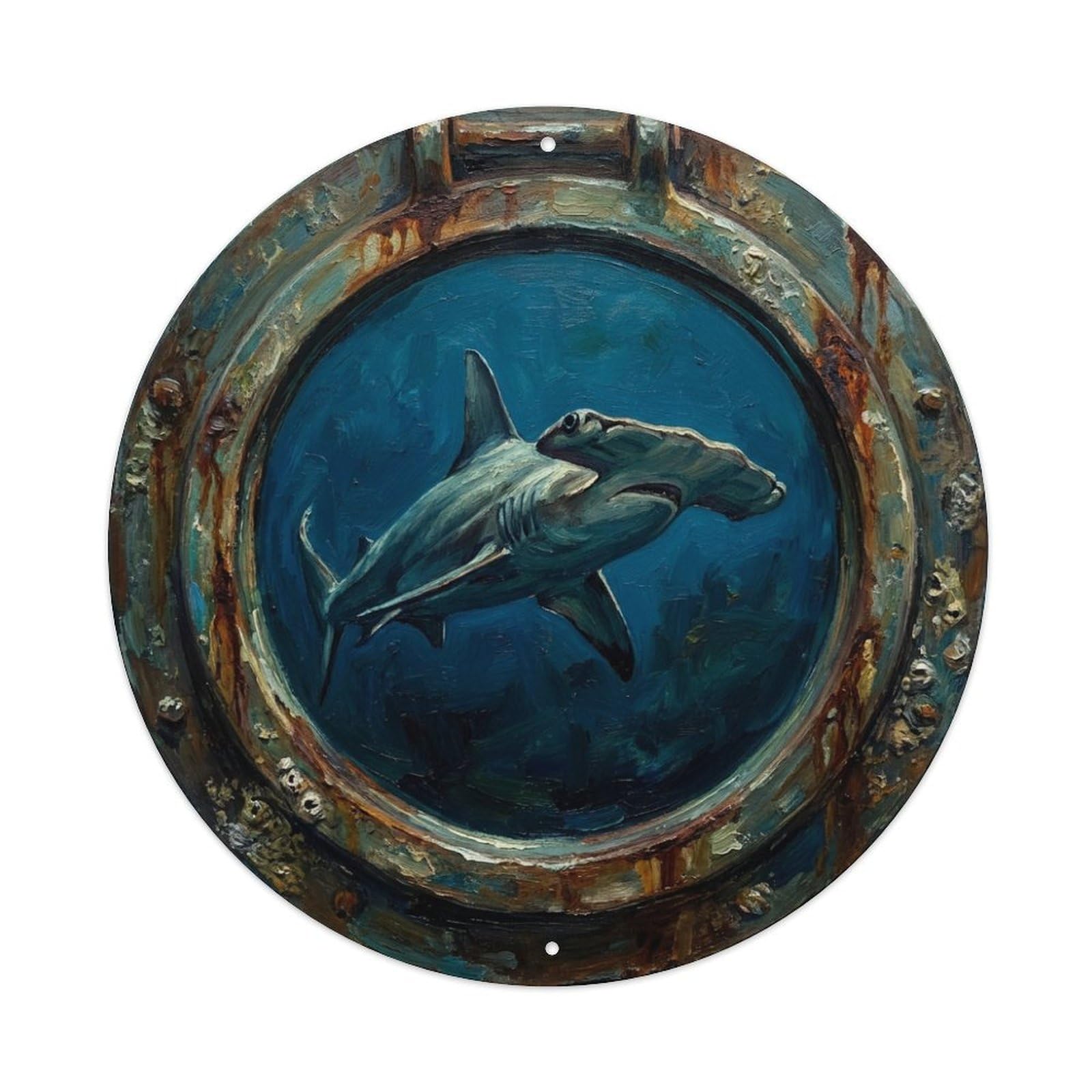 Metal Tin Sign Vintage Porthole Hammerhead Shark Ship Window Undersea