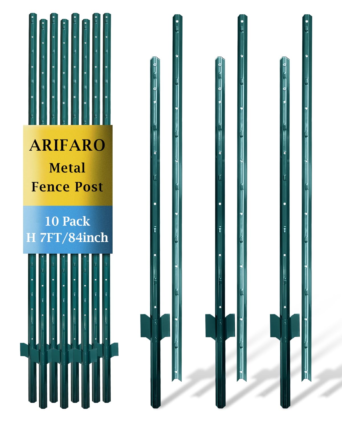 arifaro metal fence posts 7 feet assemblable,pack of 10,sturdy duty no digging garden u post for wire fencing steel poles for yard, outdoor