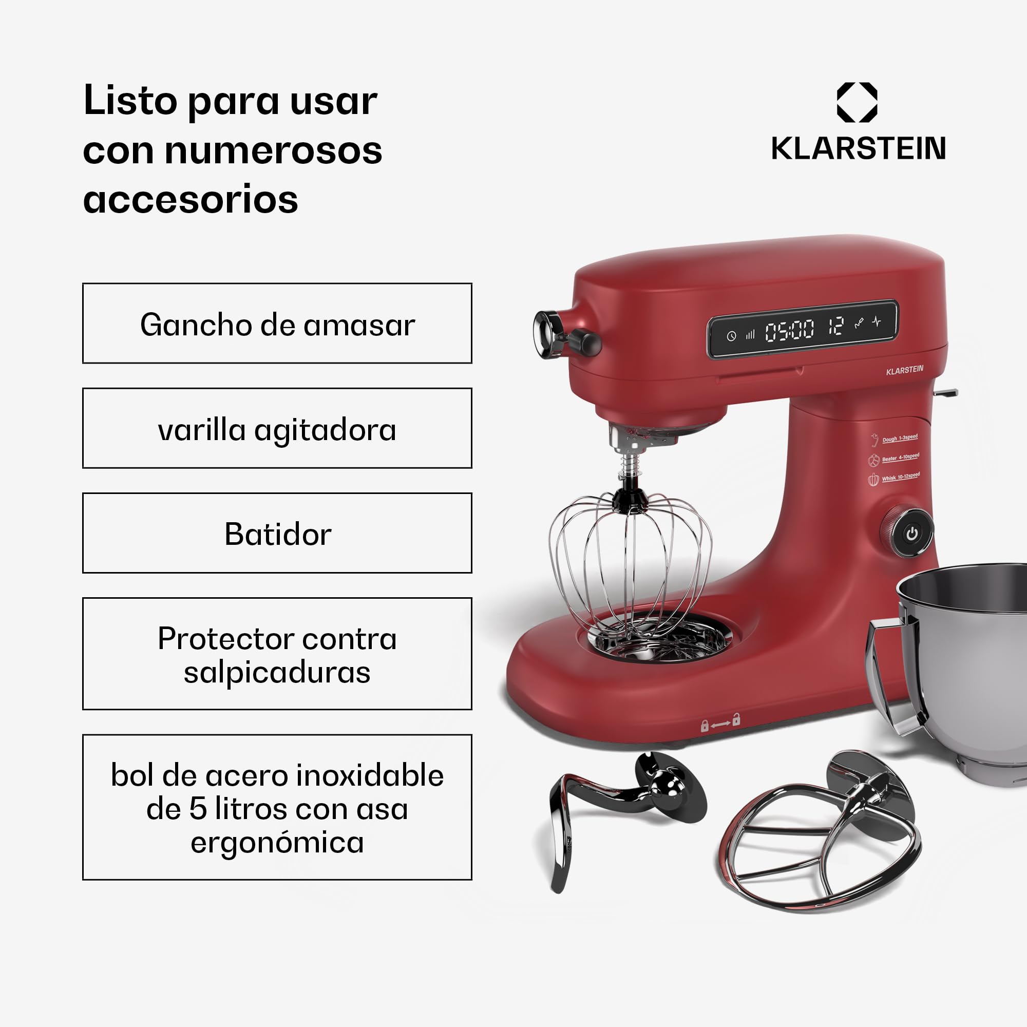 Klarstein Chiara Robot de Cocina 1600W – Bol 5L Acero Inoxidable, 12 Velocidades, Pantalla Táctil LCD, Silencioso ≤72dB, Accesorios Apto Lavavajillas, Carcasa de Aluminio Fundido, Rojo