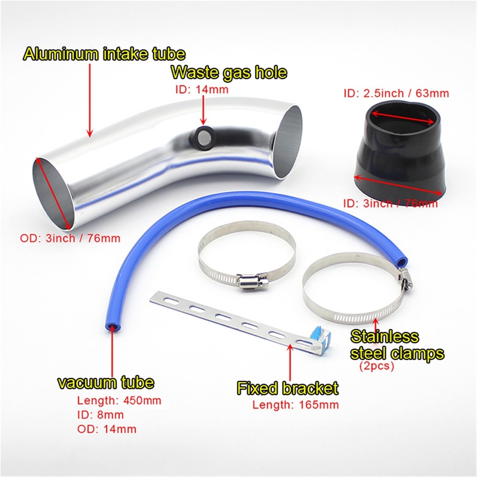Kit de admisión aire frío Kit de tubo admisión aire frío para turbocompresor 3" y 76 mm para sistema universal carreras coches, con filtro alto flujo cónico(Silver)