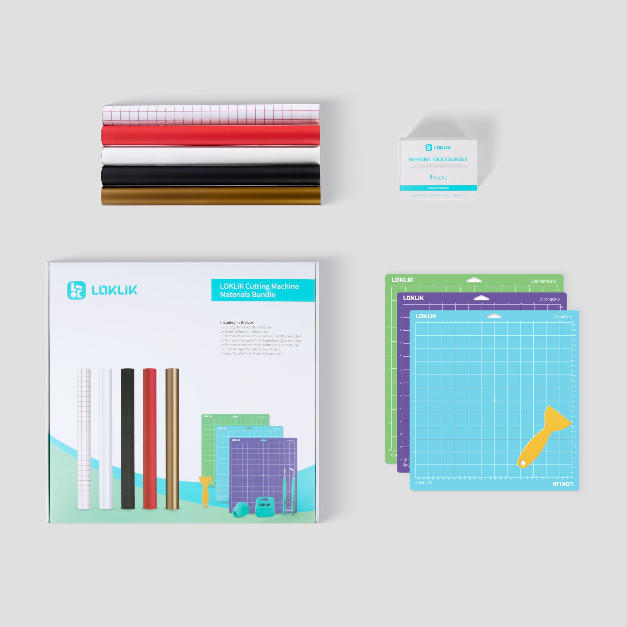 LOKLiK Starter Pack for Crafter & iCraft – Ensemble de vinyles avec vinyle adhésif permanent, vinyle de transfert thermique outils de désherbage et tapis de découpe pour projets DIY et personnalisés