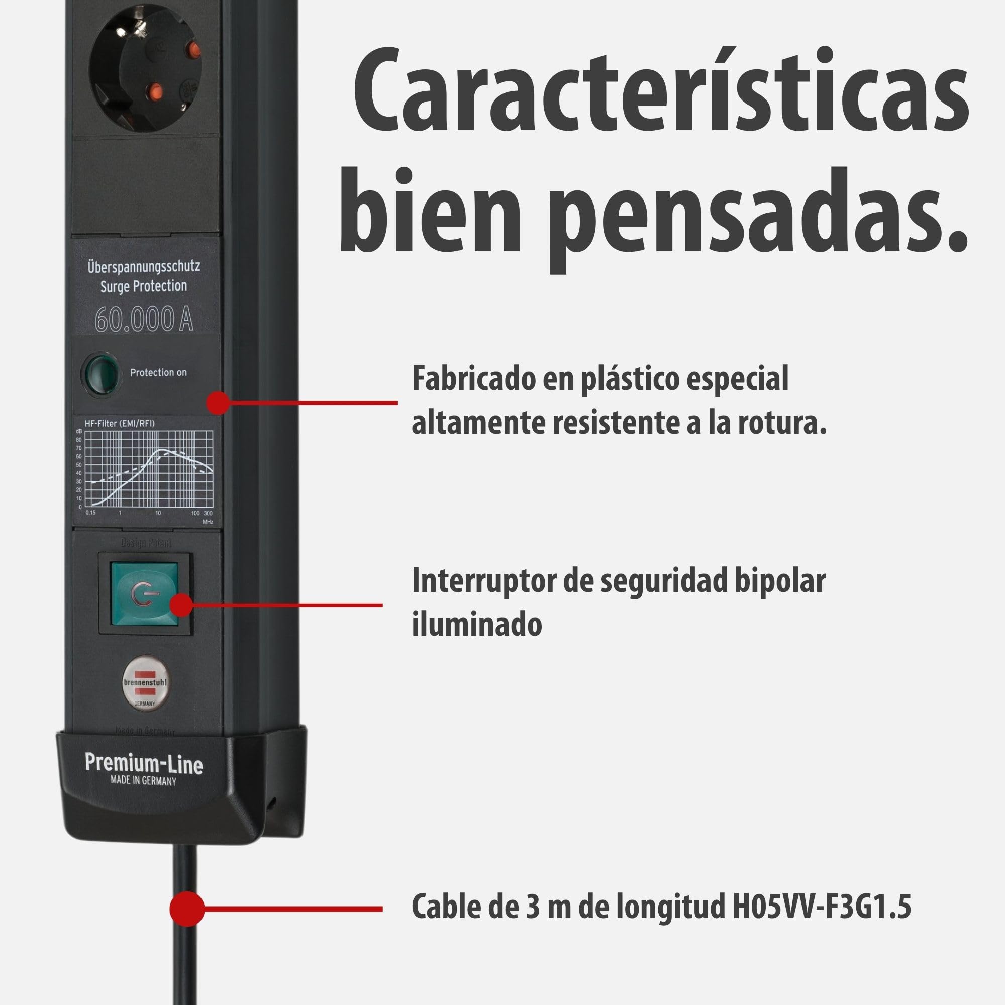 Brennenstuhl Premium-Line regleta enchufes de 6 Tomas con protección contra sobretensiones hasta 60.000 A (Cable de 3 m, Interruptor, montable, Fabricado en Alemania) Negro