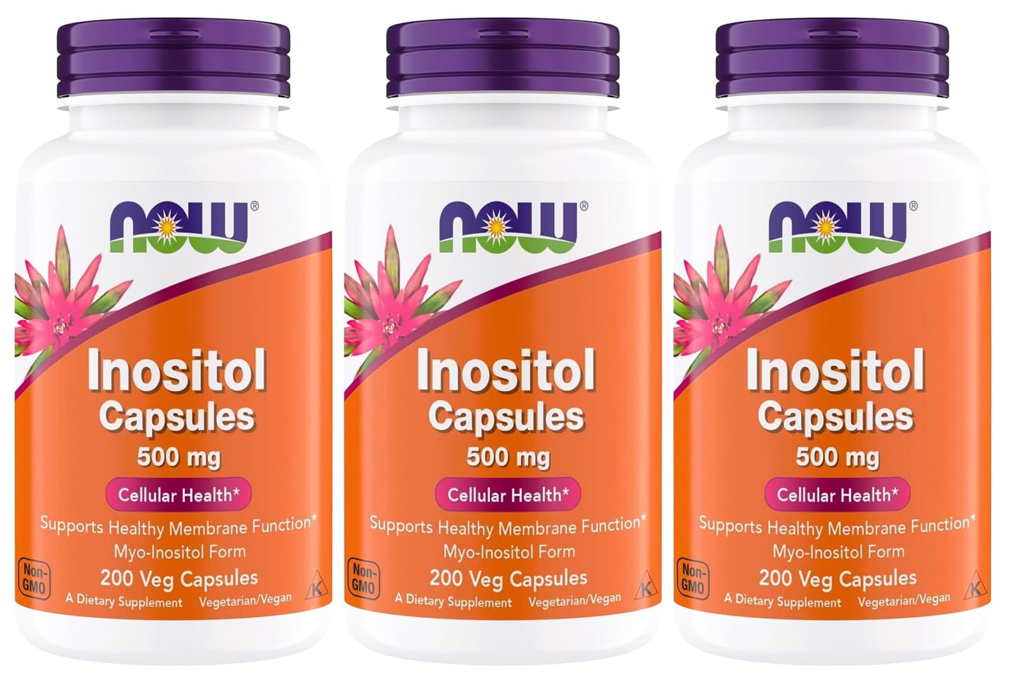 NOW Foods Inositol 500 mg - 200 Vegetarian Capsules (600 Count) 200 Count (Pack of 3)