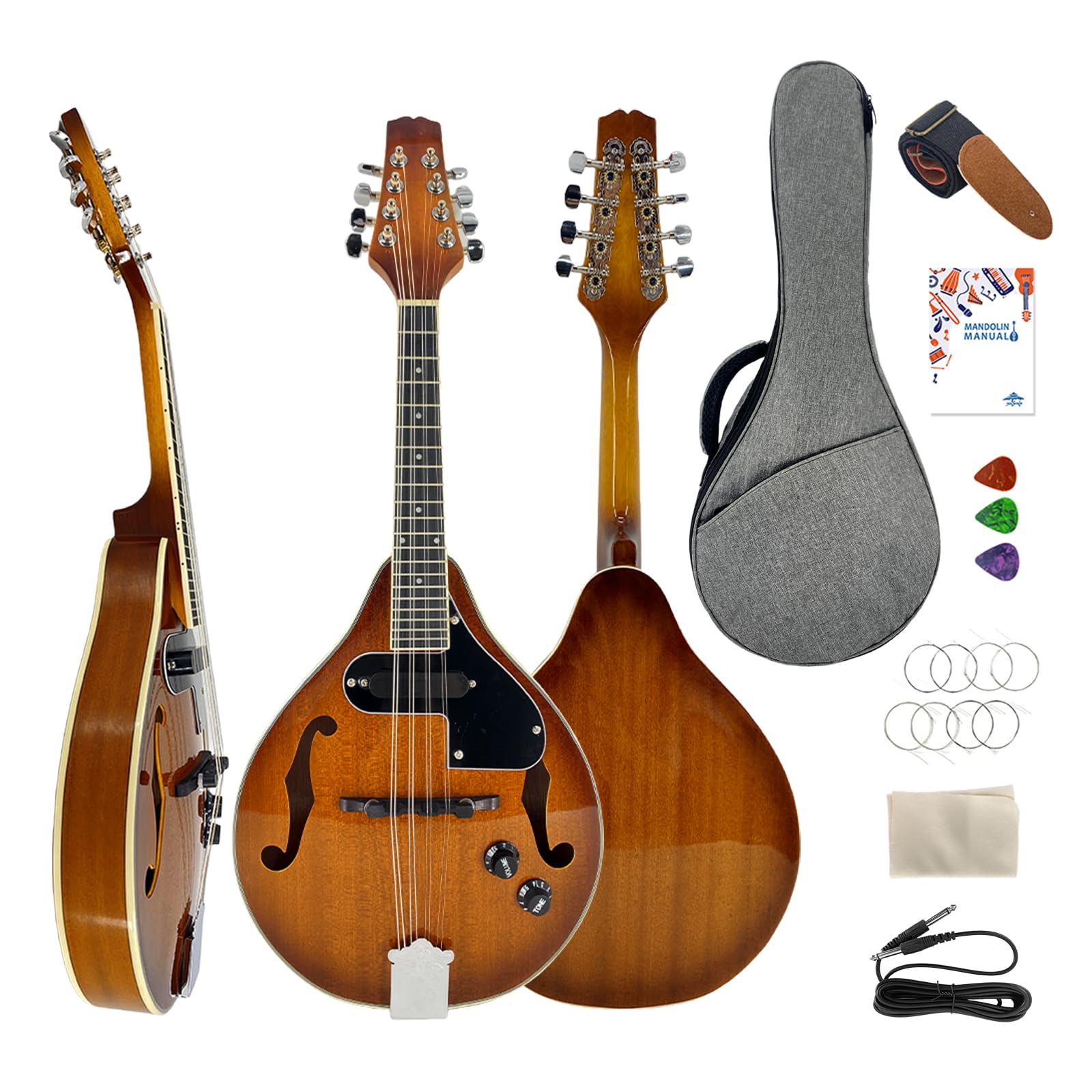 Mandoline Acoustique-Électrique Style A Corps Mohagany 8 cordes Kit complet pour scène Arqué Trous F Corps avec sac de transport, câble, cordes, sangle, médiators et chiffon de polissage