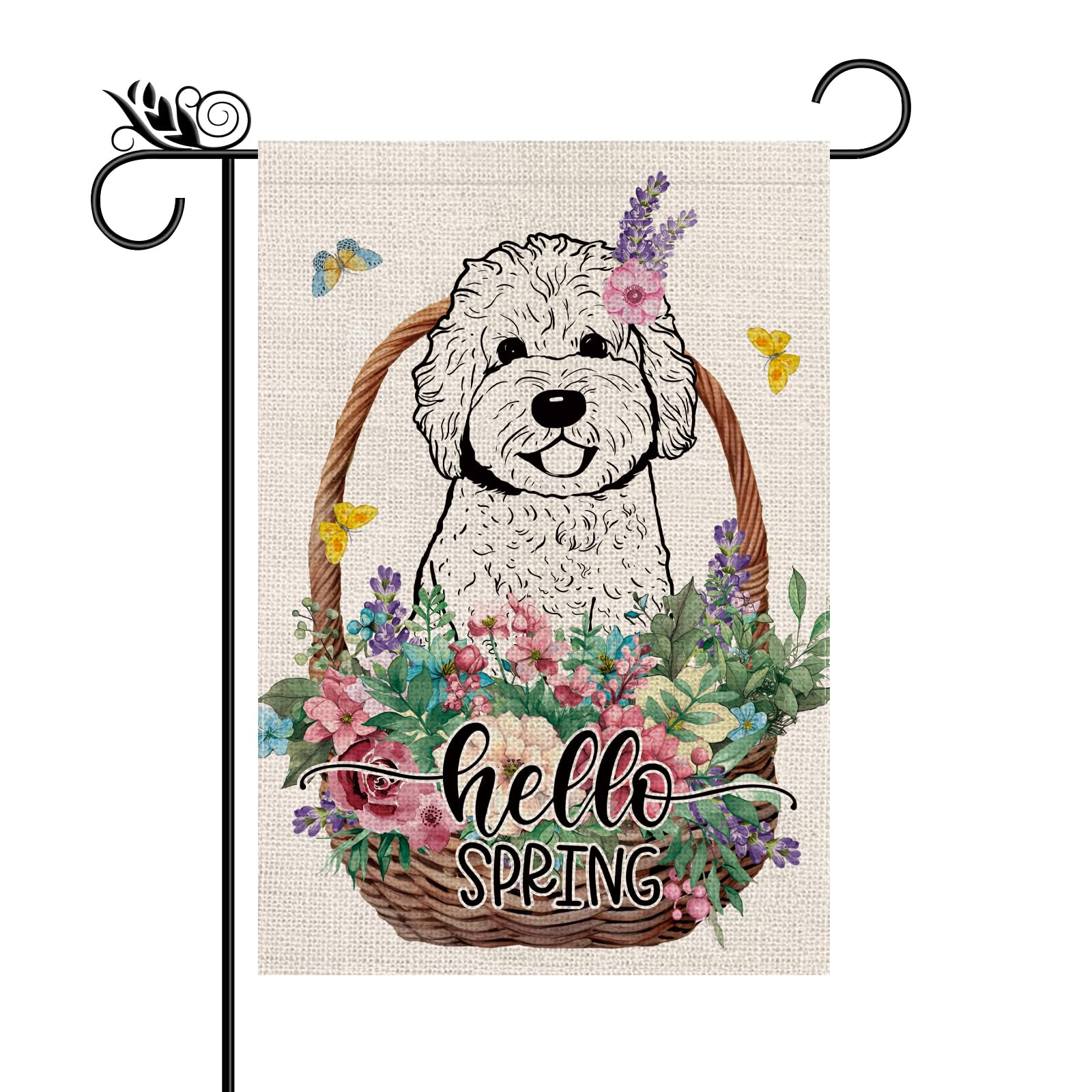 Hello Spring Garden Flag Golden Doodle Dog Burlap Vertical Double Sided Holiday Party Outdoor Yard Decorations 12.5 x 18 Inch