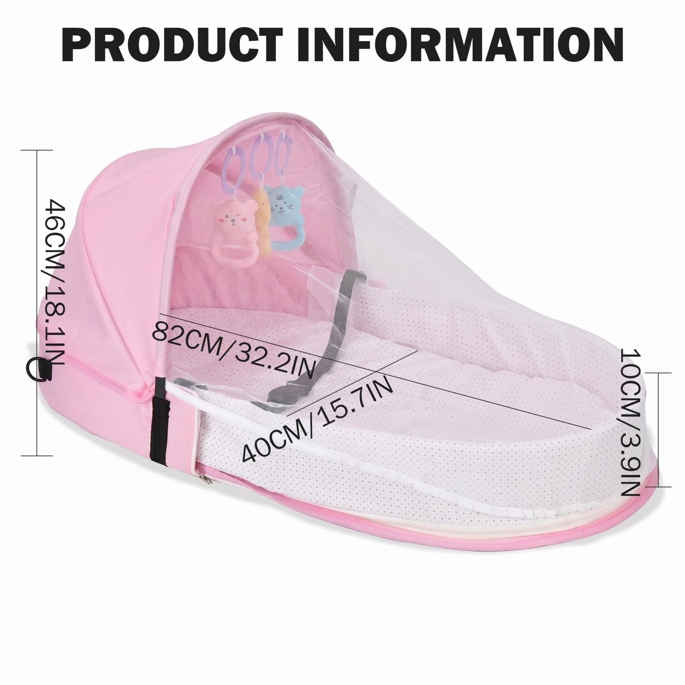 Lettino da viaggio per bambini con rete e cappottina, tenda per bambini portatile, lettino pieghevole con barra giochi, traspirante per età da 0 a 18 mesi, rosa