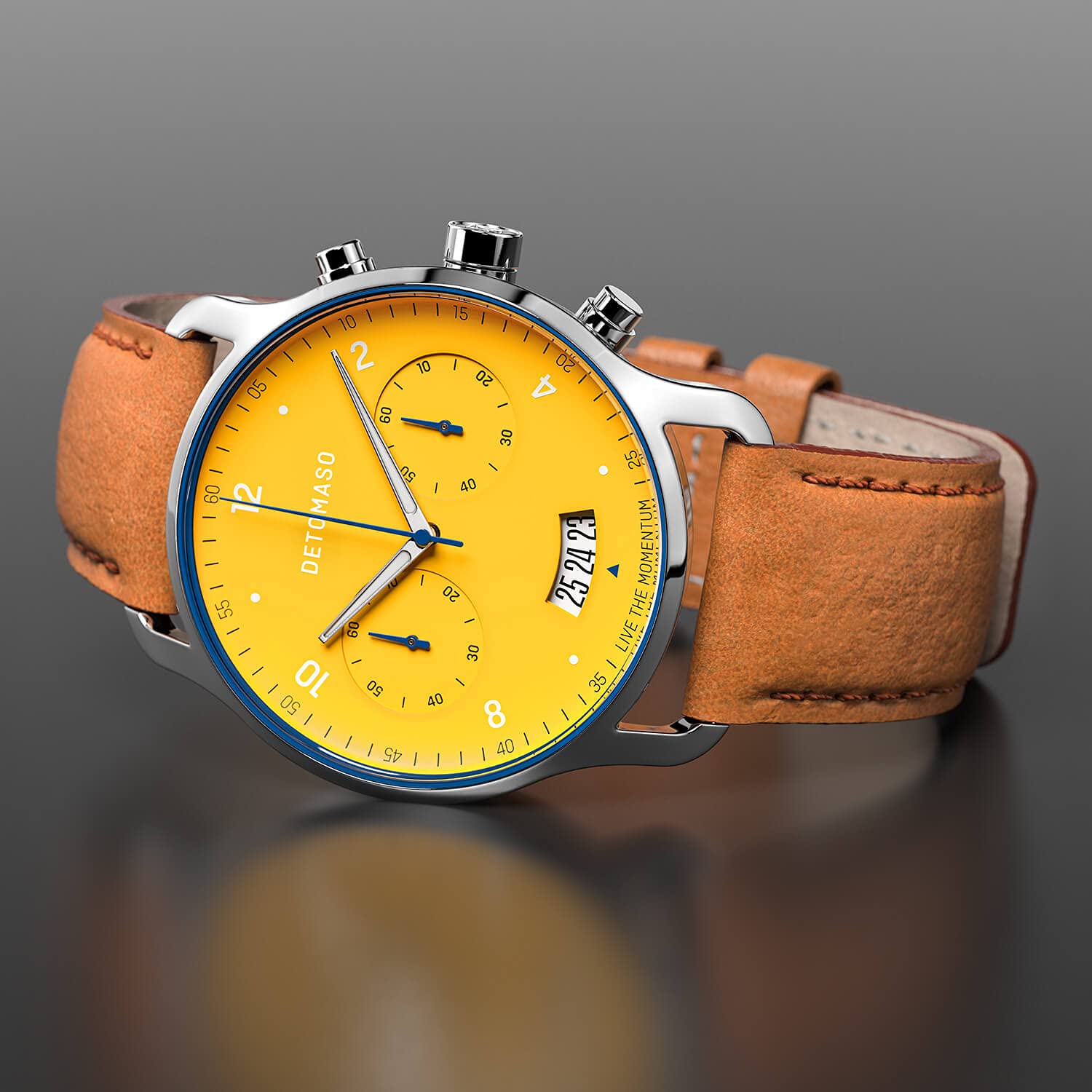 DeTomaso SORPASSO Giallo Silber Gelb Herren-Armbanduhr Analog Quarz Lederarmband Braun