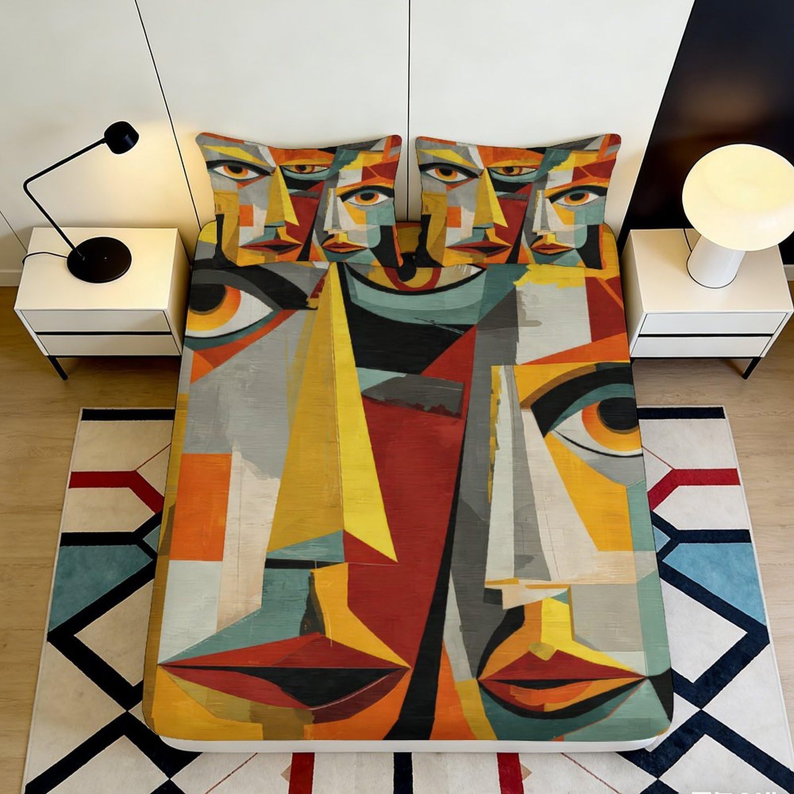 3D Printed Abstract Faces Fitted Sheet Microfiber Soft Breathable Geometric Art Bed Cover for Bedroom Dormitory Guest Room Mattress Protection Decor 200x200x25cm