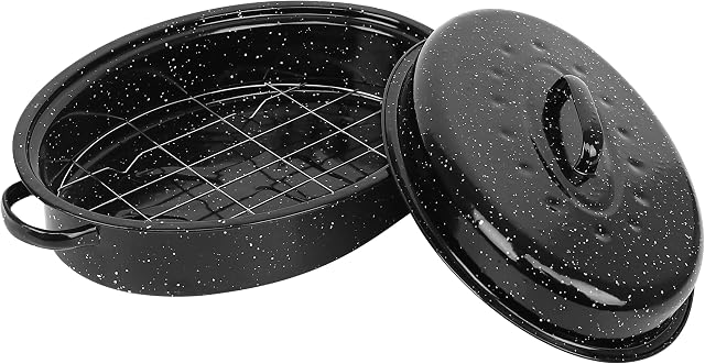 Homiu Enamel Self Basting Roasting Dish Pan Vitreous Enamel Roaster Oven Baking Pan Tin with Lid (Roaster and Rack 37 cm)
