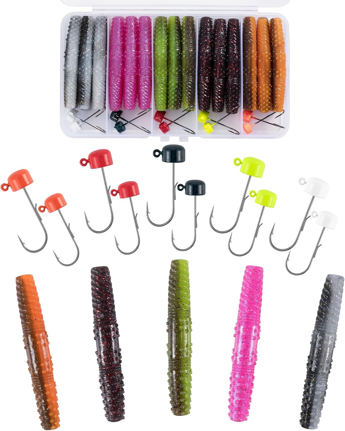 Dr.Fish 40 Pieces Ned Rig Lure Kit Ned Rig Jig Head Crawfish Worm Lures Kit Soft Plastic Lures Baits Mushroom Jig Bass Crappie Panfish Fishing Jigs Hooks Set Jig Head with Tackle Box Trout Freshwater Fishing