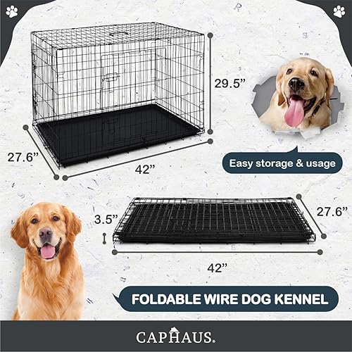 Miniatura 2 de CAPHAUS Jaula plegable para perros con bandeja y panel divisor a prueba de fugas, jaula de metal, jaula de alambre para perros pequeña, mediana y