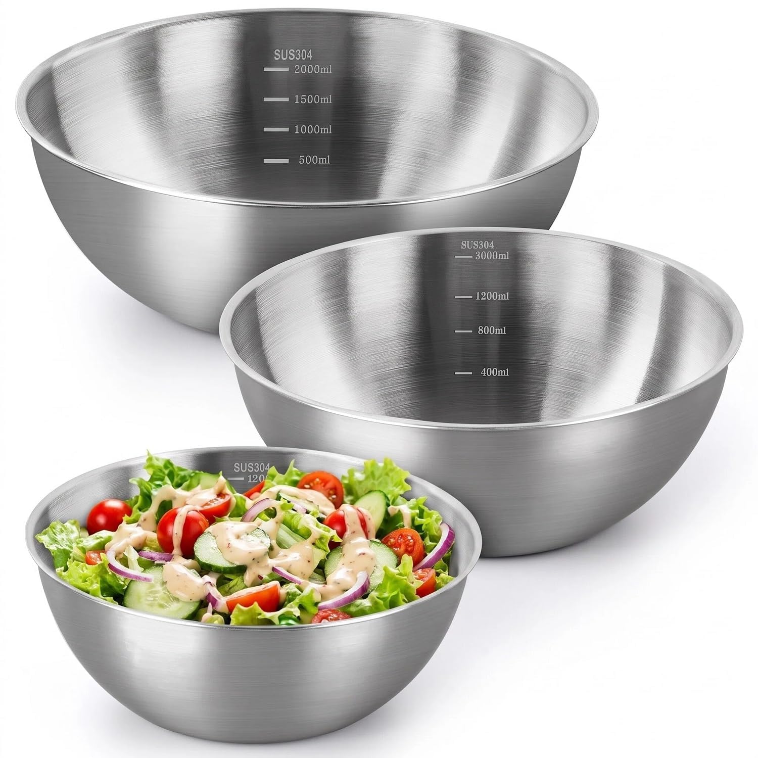 Stainless Steel Mixing Bowls Set of 3 - 9.84", 8.66" & 7.5" Metal Mixing Bowls, 3.3 Qt, 2 Qt & 1.5 Qt Stainless Steel Salad Bowls, Durable 304 Stainless Steel Bowl for Kitchen, Baking, and Meal Prep
