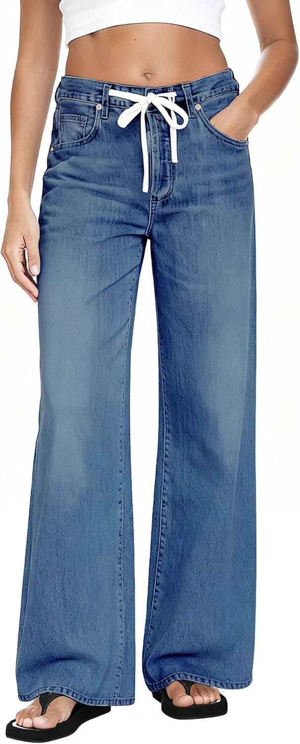 MARIASHA Wide Leg Jeans for Women Trendy High Waist Stretchy Baggy Jeans Women Drawstring Denim Pants