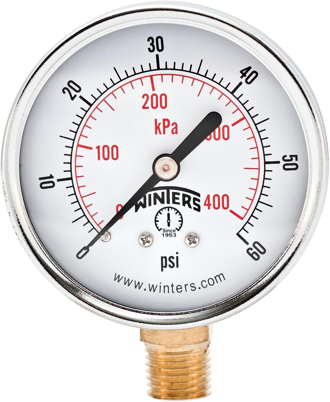 Winters PEM Series Steel Dual Scale Economical All Purpose Pressure Gauge with Brass Internals, 0-60 psi/kpa, 2-1/2" Dial Display, +/-3-2-3% Accuracy, 1/4" NPT Bottom Mount