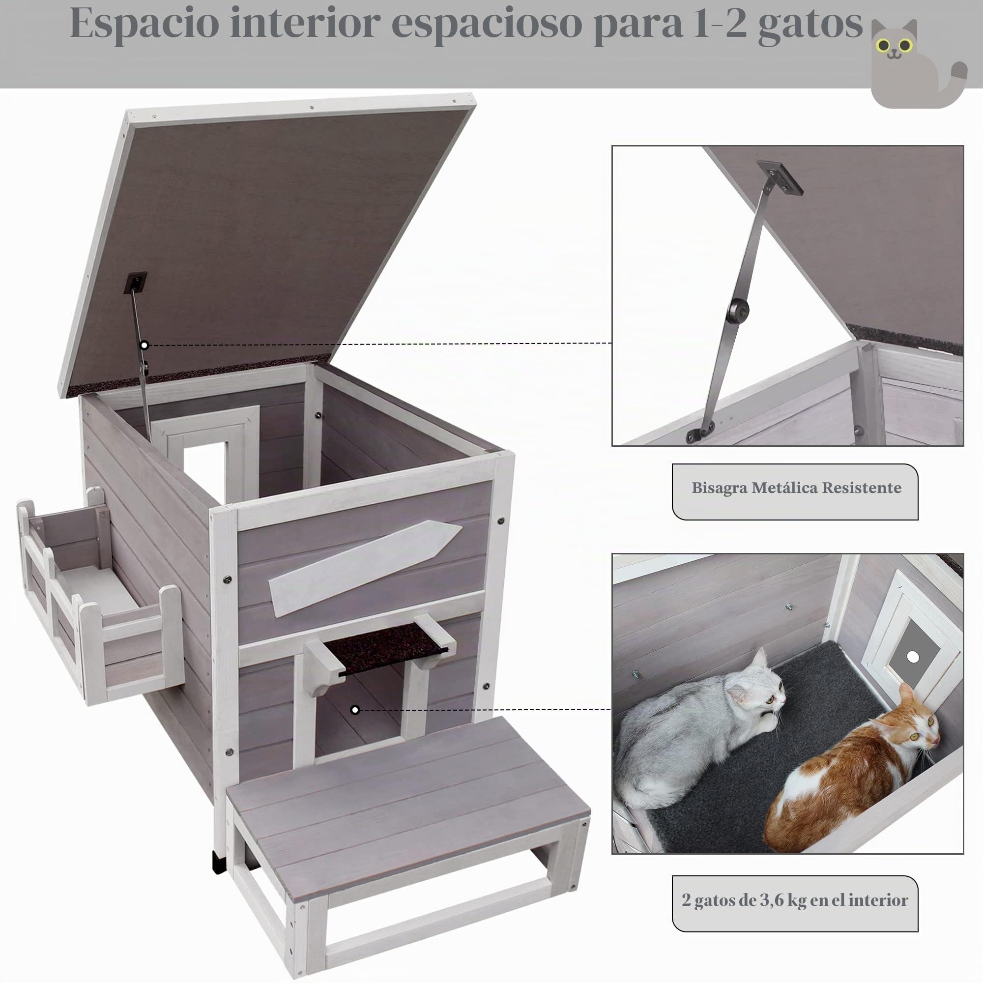 Casa para Gatos Exterior Madera con Puerta de Escape, Casa de Gatito Resistente a La Intemperie, Cabaña Mascotas Caseta Pequeña de Gatos con Ventana y Puerta
