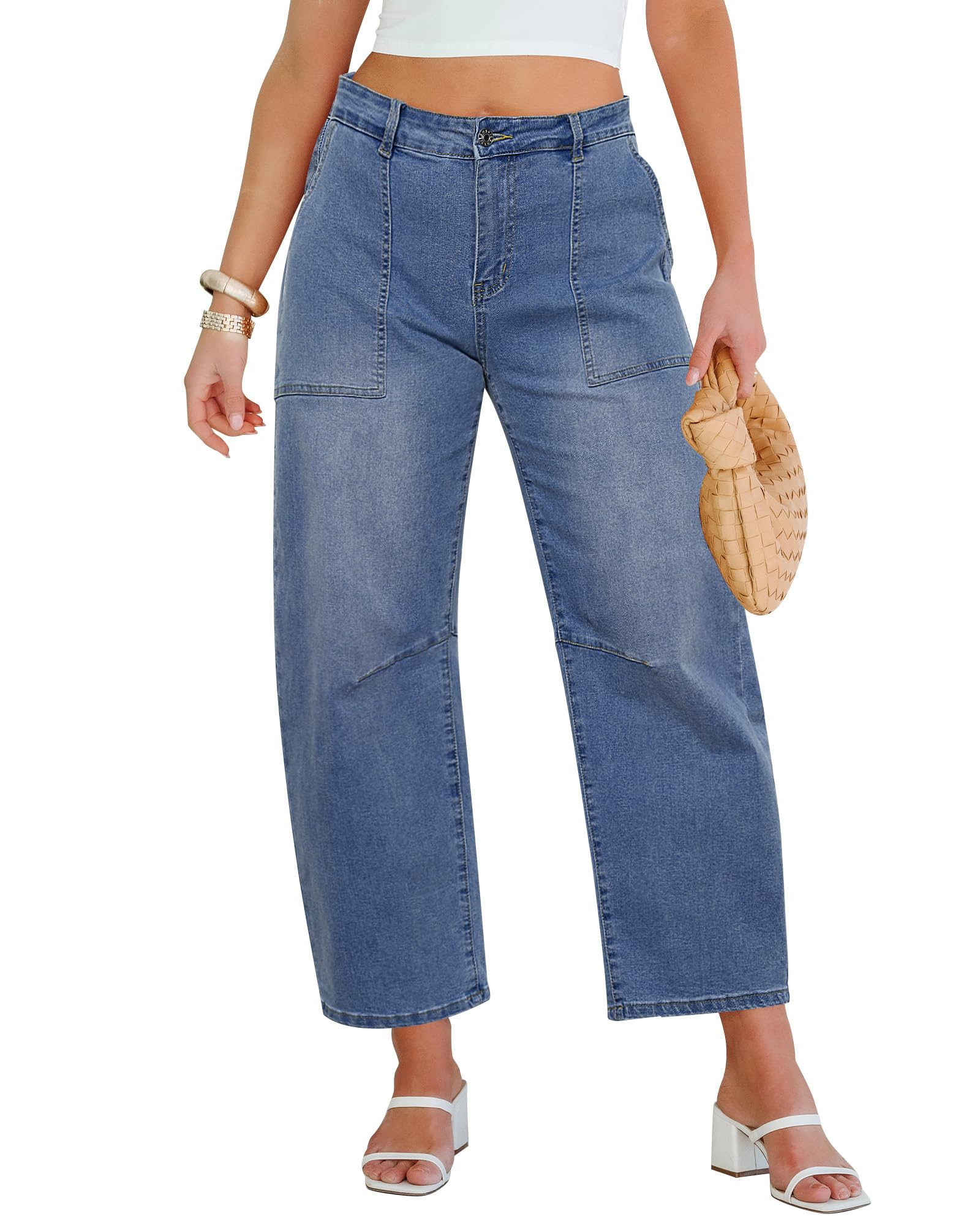 GRAPENT Barrel Jeans for Women High Waisted Trendy Wide Leg Baggy Ankle Length Stretchy Denim Trouser Jeans with Pockets