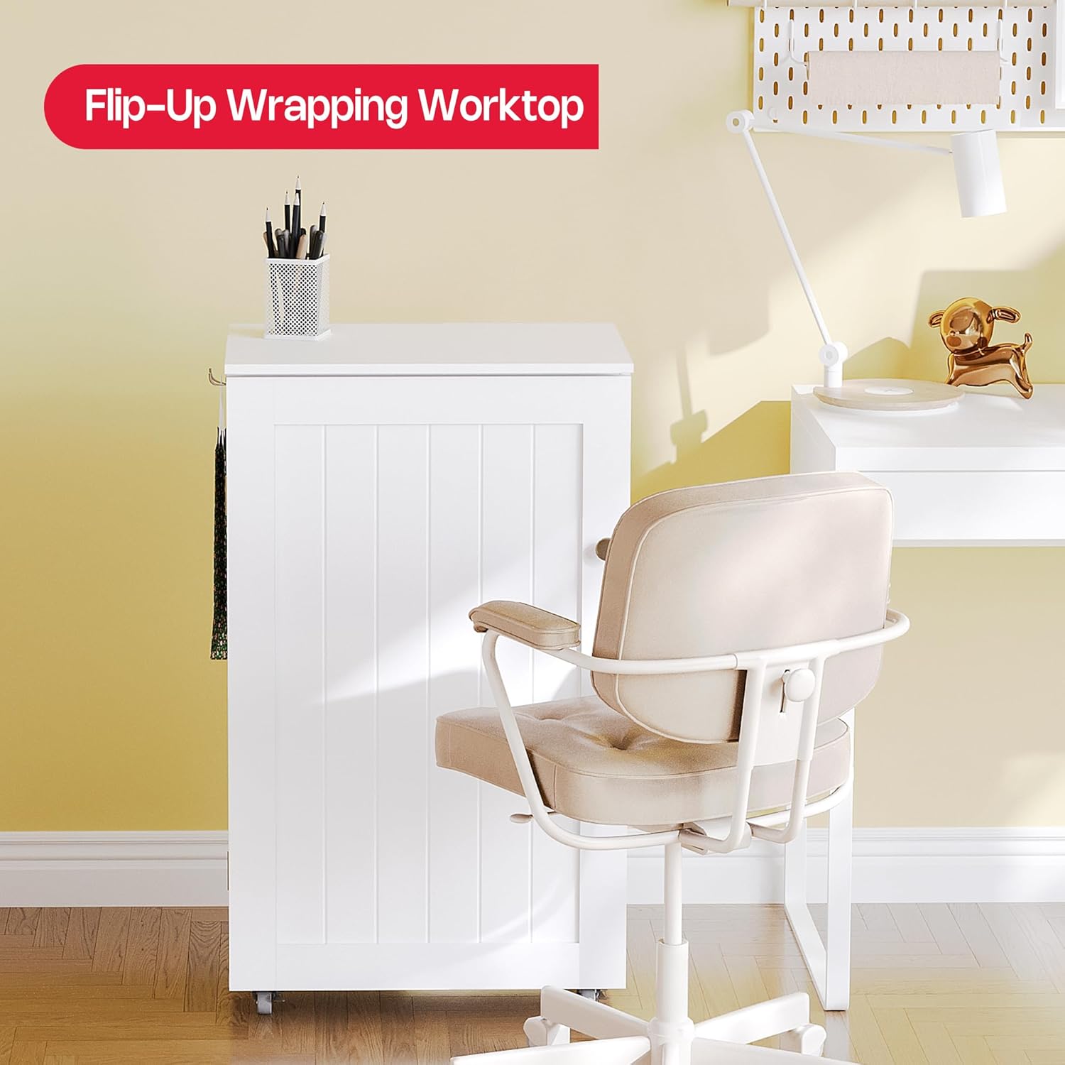 Wrapping Paper Storage Cabinet, Rolling Gift Wrap Organizer Cart with Ribbon Holder Rack and Gift Bag Storage, Gift Wrapping Station, Arts Craft Organizers and Storage Christmas Decorations