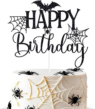 Black Glitter Happy Birthday Cake Topper, Halloween Ghost Ghoul Birthday Cake Decor, Spider Scary Themed Party Decorations Supplies