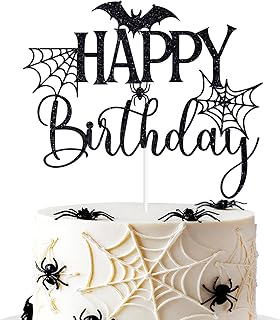 Black Glitter Happy Birthday Cake Topper, Halloween Ghost Ghoul Birthday Cake Décor, Spider Scary Themed Party Decorations Supplies