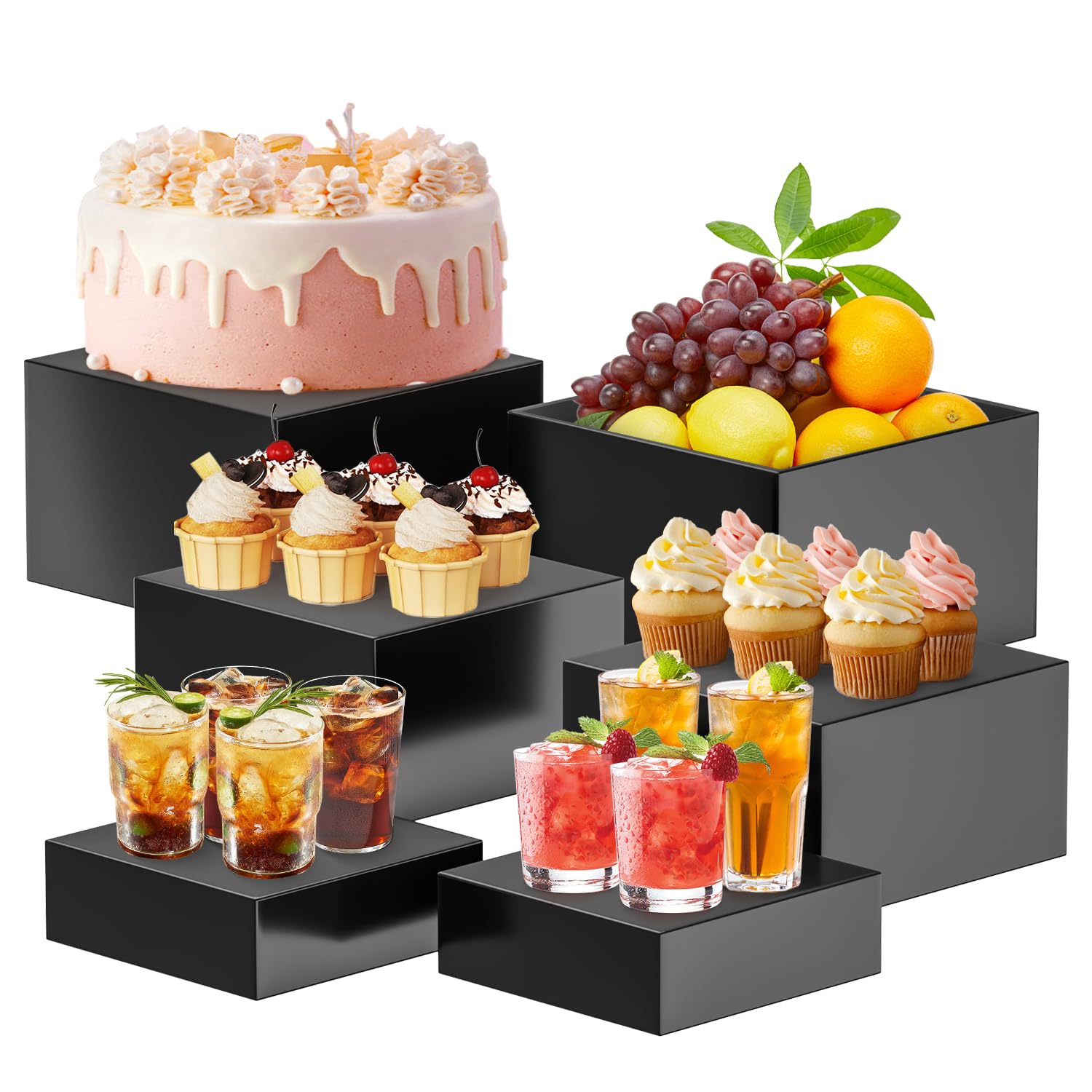 Buffet Risers,Set of 6 Frosted Acrylic Boxes Cube Display Buffet Nesting Risers with Hollow Bottoms(Black,(6",7",8")*2)