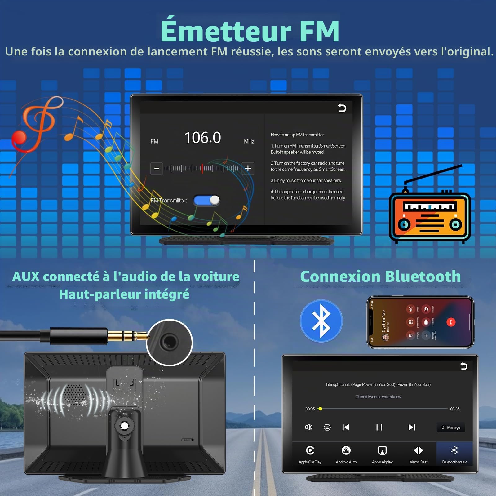 Autoradio Portable avec Grand écran Tactile IPS 9'' Compatible A-pple CarPlay et Android Auto écran Podofo Display avec Bluetooth/émetteur FM pour Voitures,SUV,Fourgonnettes,Pick-up et Camions,7V-32V