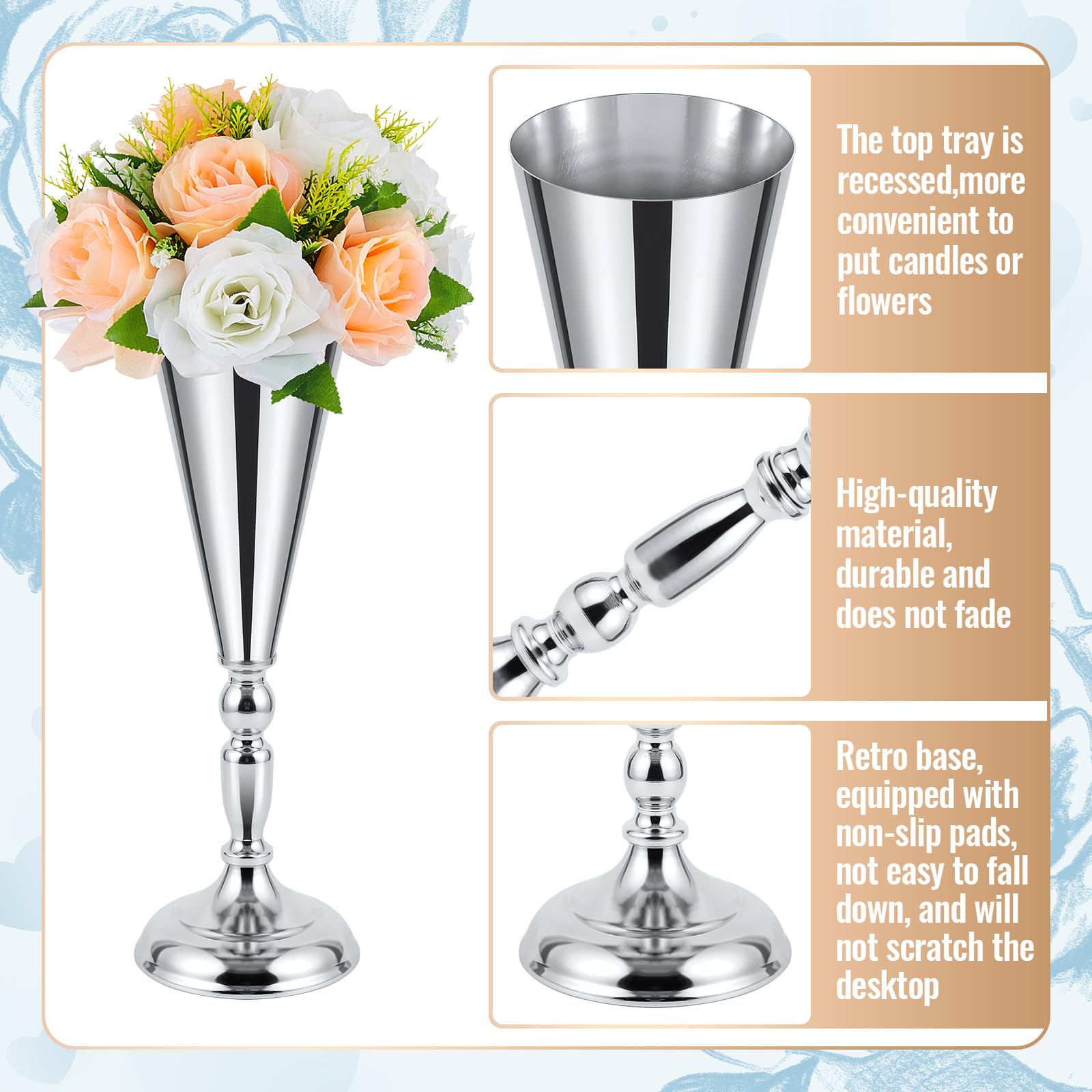 Boao 12 Stück hohe Vasen für Tafelaufsätze, 3 Größen, Metall-Blumenständer für Hochzeit, elegante Trompetenförmige Vasen für Tisch, Weihnachten, Geburtstag, Party-Dekorationen, einfach zu montieren