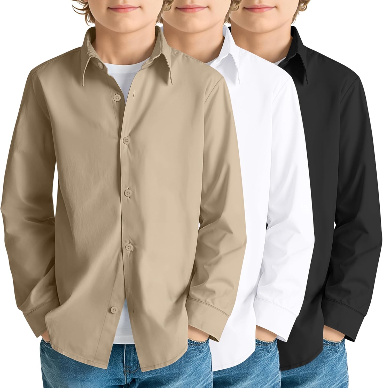 3 Pack Boy's Long Sleeve Dress Shirts Kids Casual Button Down Shirt Boys Solid Butt...