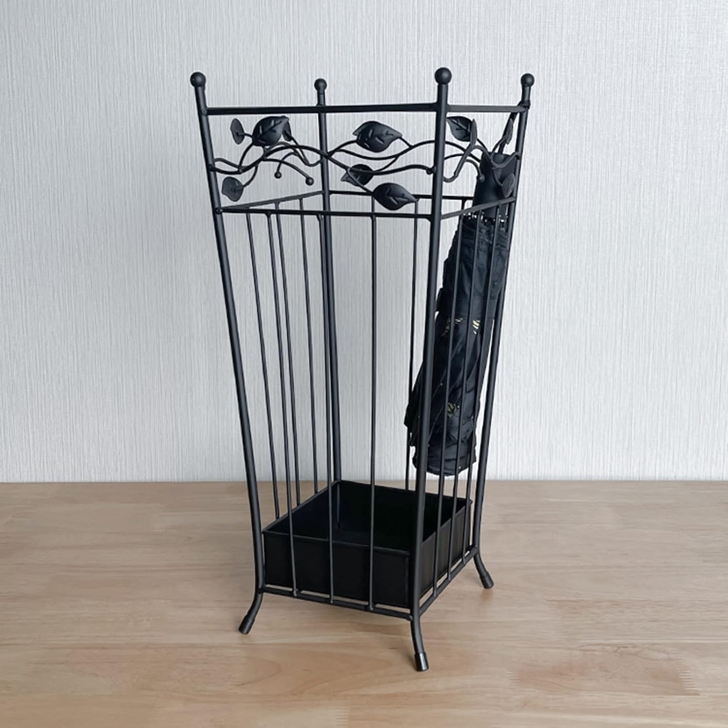 Umbrella Stand Holder Entryway Hallway Umbrella Stand Rack, Metal Vintage Umbrella Stand Rack with Leaves Design, Long & Short Folding Umbrella Storage Organizer, Entryway Canes Walking Sticks Holder