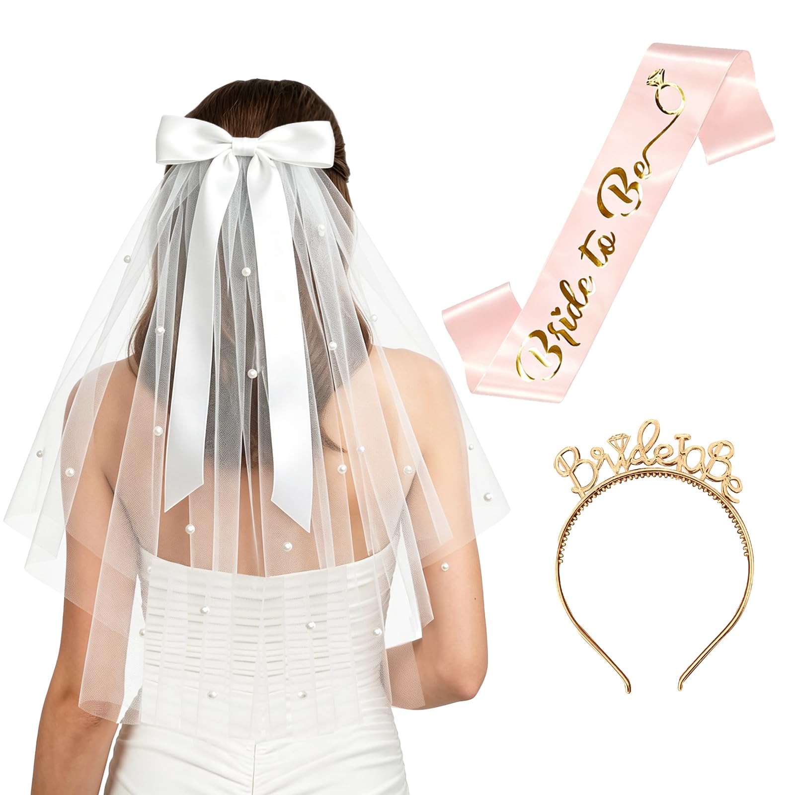 YOCHLEY Bride to Be Veil, Hen Party Accessories Bridal Party Kit Includes Bride Veil with Bow & Pearls, Bride to Be Sash and Bride Headband, Wedding Hen Do Decorations for Bridal Showers (Rose Gold)