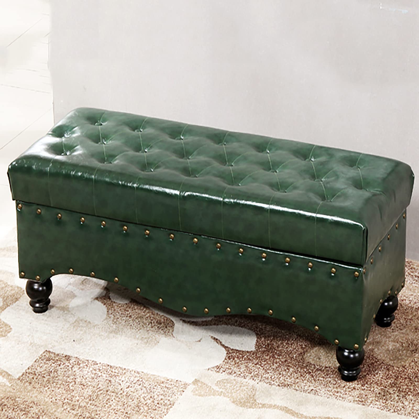 Banc de bout de lit vert avec coffre pour un rangement de chambre cosy