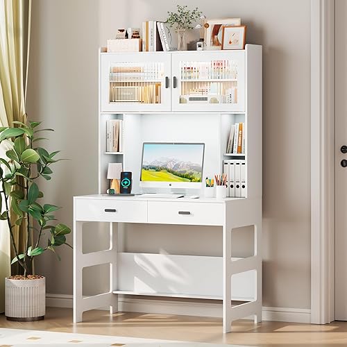 Miniatura 3 de Vlsrka Escritorio de oficina en casa con gabinete y cajones, escritorio de computadora de 40 pulgadas con estantes de almacenamiento y luces LED,