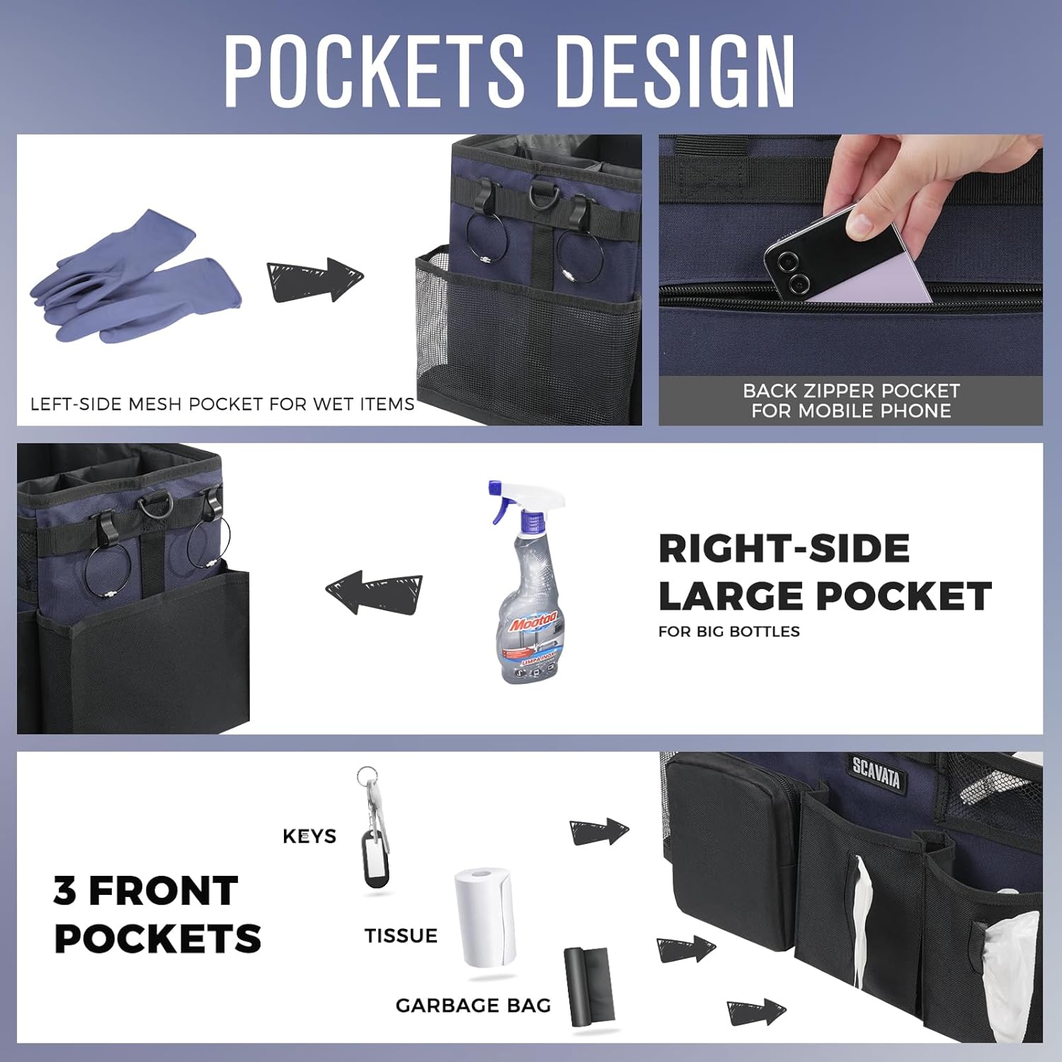 SCAVATA Wearable Cleaning Caddy Bag, Cleaning Caddy Supplies Organizer with Handle & Shoulder Straps for Housekeepers, Under Sink & Car Cleaning Tool Organizers with 4 Foldable Divider Navy (DarkBlue)
