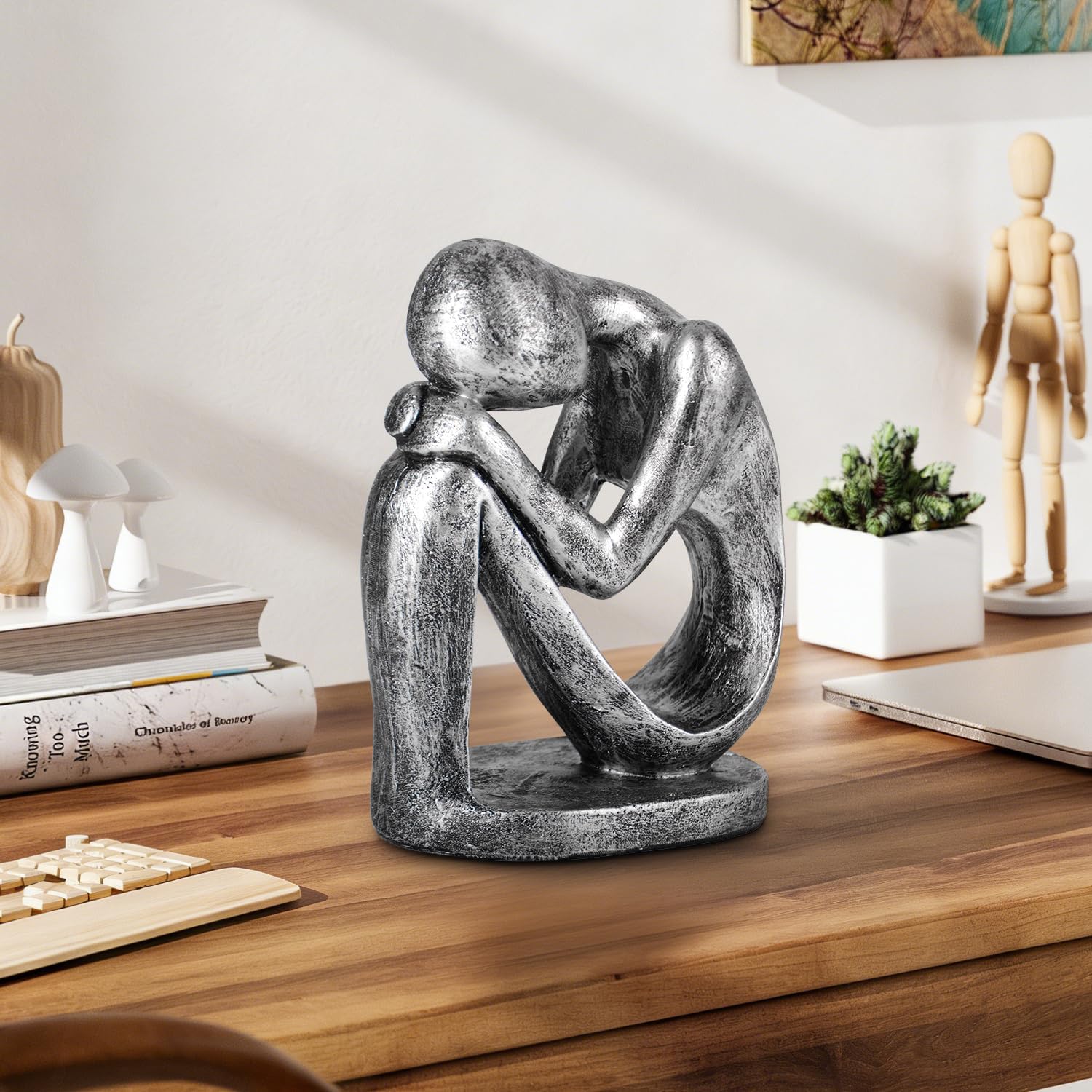 Resin Thinker Statue Abstract Art Sculpture - Modern Figurine for Home Office Decor, Bookshelf, Desktop, Living Room - Unique Collectible Statue Gift for Art Lovers (Vintage Silver)