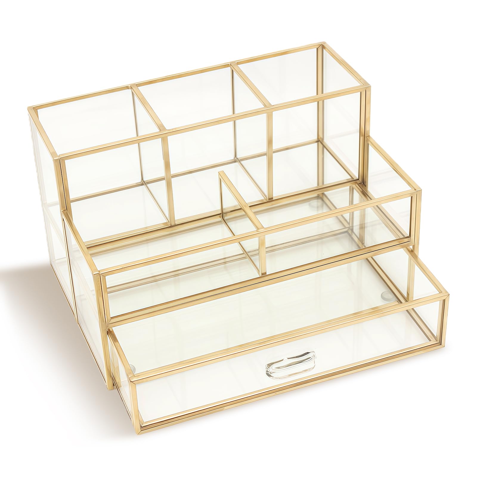 HARLIANGXY Organisateur Cosmétique avec Tiroirs, Rangement de Pinceaux de Maquillage, Makeup Organizer Box, Organisateur de Beauté pour Coiffeuse, Comptoirs de Salle de Bains, Doré