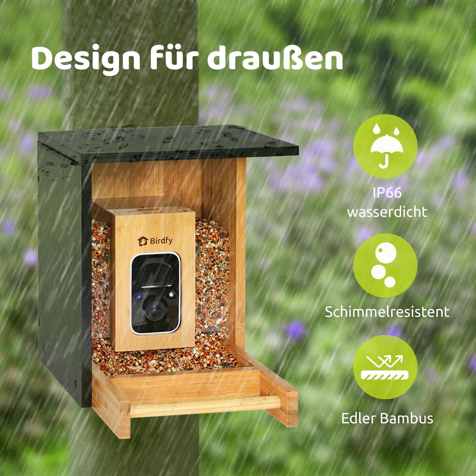 NETVUE by Birdfy Comedero Pajaros Exterior, Comederos para Pajaros con Camara, Bambú Ecológico/Renovable, Observación de Aves en Tiempo Real para App, Captura Automática, Notificación Instantánea