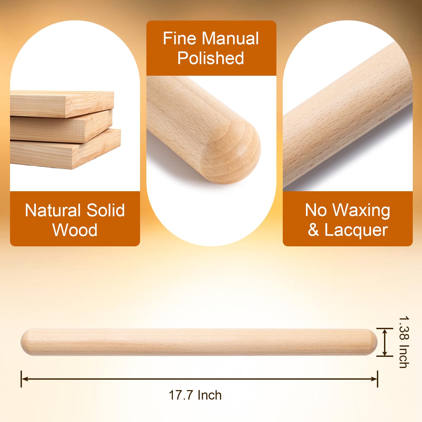 Aisoso 17.7 Inch Wood Rolling Pin | Solid Wood Dough Roller For Baking, Pizza, Pastry | Light Yellow - View #2