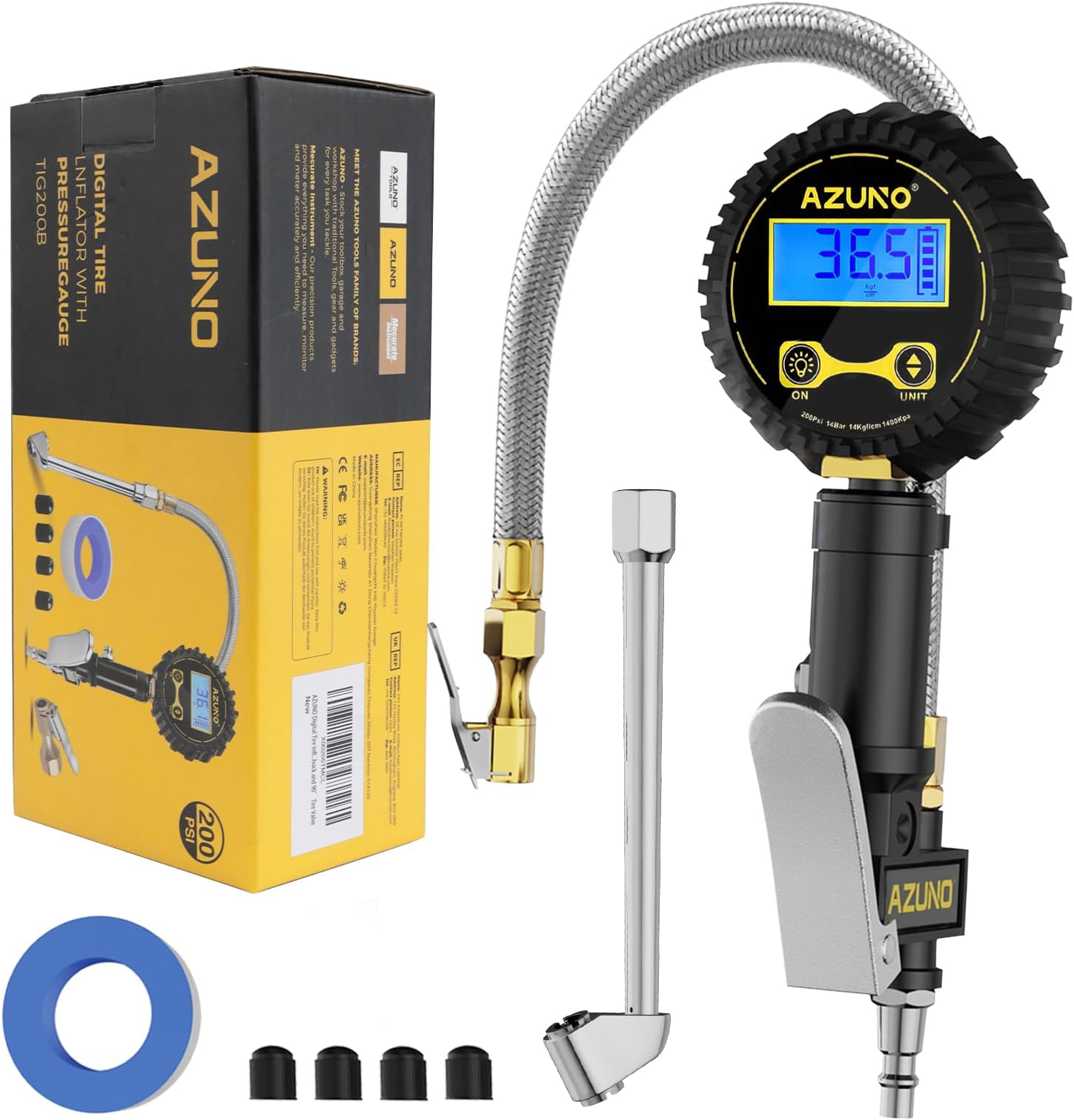 Digital Tire Inflator with Pressure Gauge, 200 PSI, Stainless Braided Hose | Heavy Duty Air Compressor Accessories with Rubber Hose Lock on Air Chuck and Quick Connect Coupler