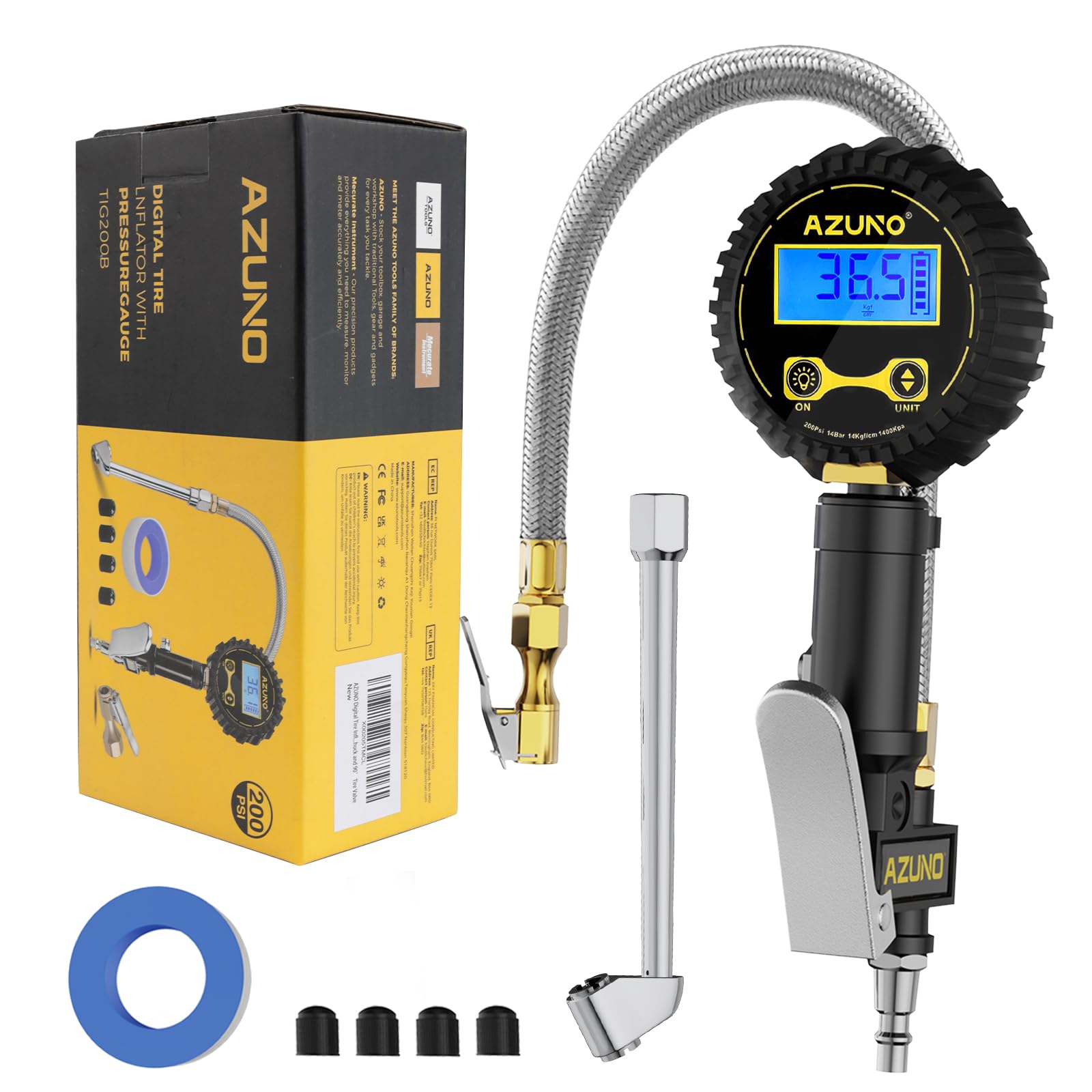 Digital Tire Inflator with Pressure Gauge, 200 PSI, Stainless Braided Hose