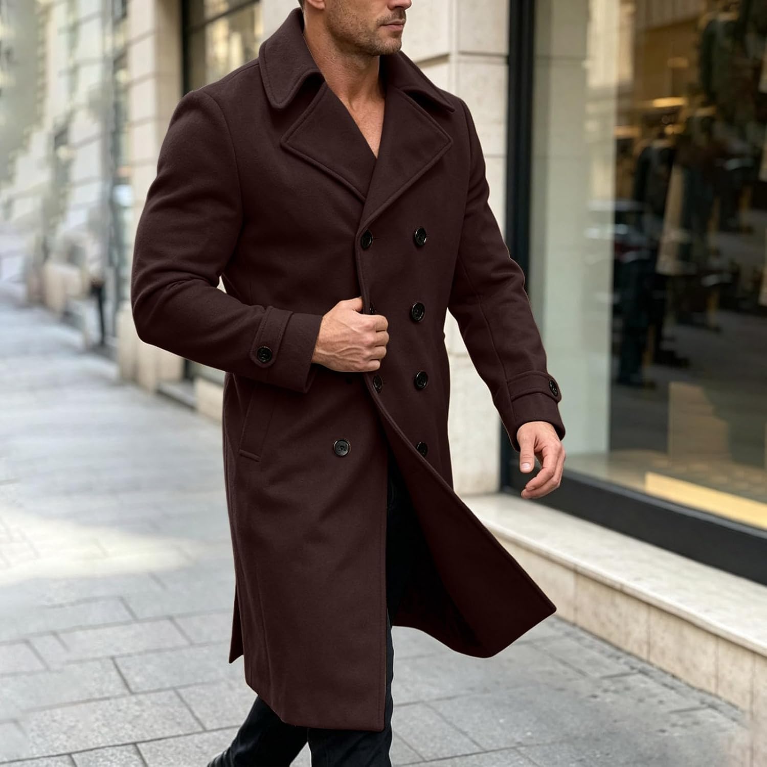 Men's Wool Blend Long Overcoat Winter Warm Button Down Jacket Top