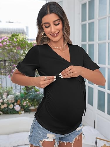 Miniatura 3 de SOLY HUX Women's Maternity Summer T Shirt Casual Ruffle Wrap V Neck Tie Front Pregnancy Tee Top