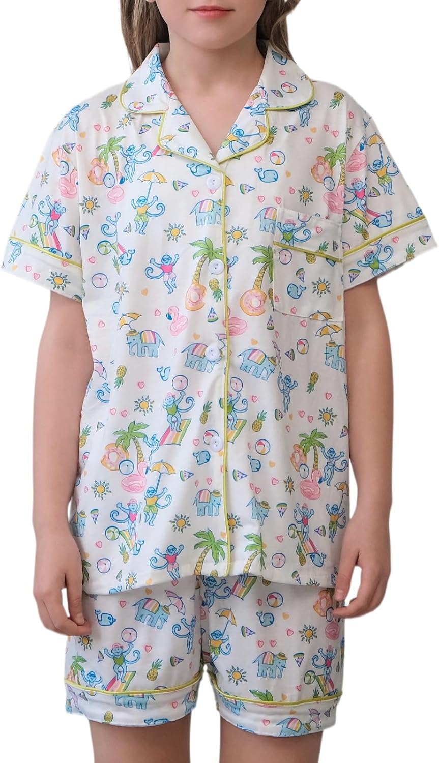 Girls Summer Outfit,Kids 2 Piece Button Down Monkey Loungewear Beach Shorts Set Preppy Animals Lounge Pjs