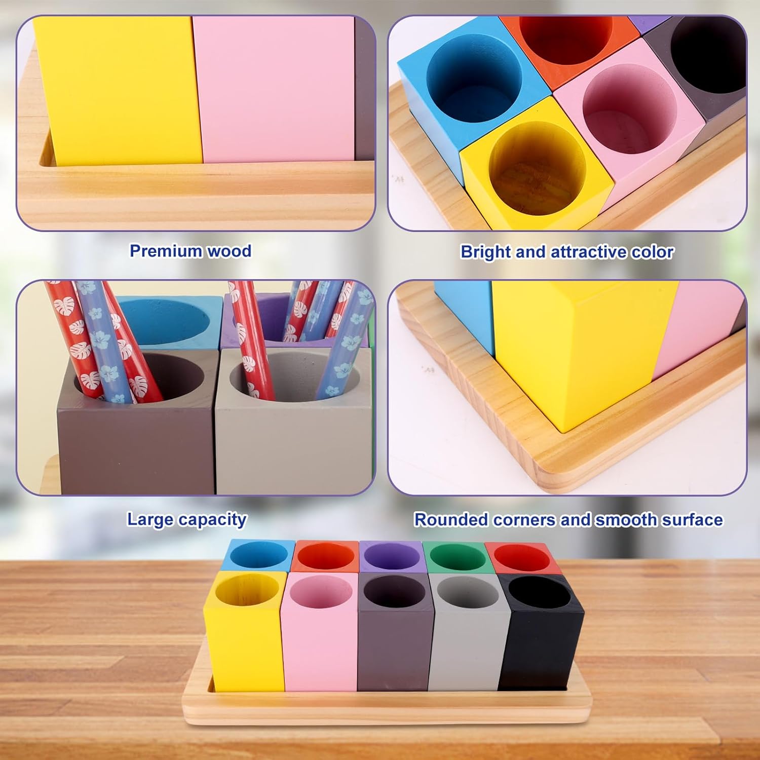 Wooden Colored Pencil Organizer, Desk Organizer with 10 Colorful Cups for Home Office School Classroom Markers Crayons Pens Holder Storage (Pencils Not Included)