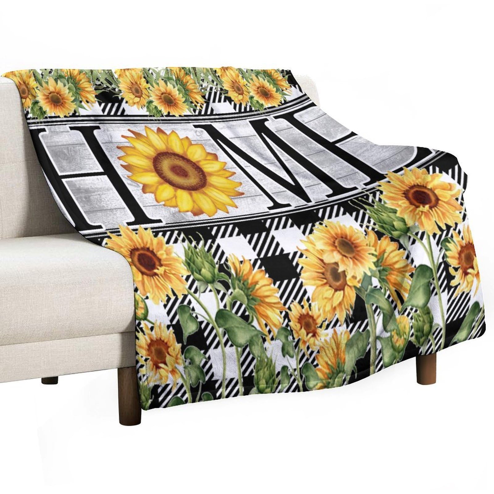 BenYaSong Sunflower Blanket Rustic Country Yellow Flower Printed Farmhouse Style Buffalo Plaid Checkered Patterned Decor Bedding Blanket Gifts for Boys Girls Kids Adult Men Women 50"x60"